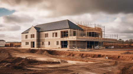 Construction site for one family house filled with sand and empty sign with copy space in building area after earthworks, Germanyの素材