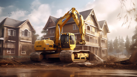 Yellow toy bulldozer and a house. Encroachment on private property. Illegal buildings and construction. Violation of building codes. Demolition process.の素材