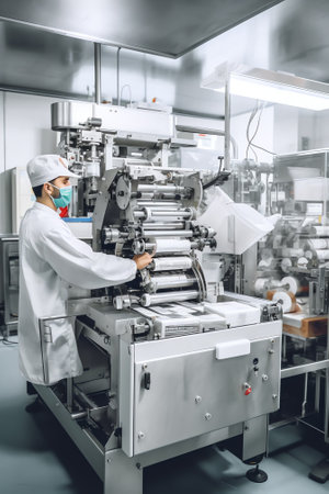 Machines for packing products Within the factory, sterile beauty industry in order to maintain maximum cleanliness.shallow focus effect.の素材