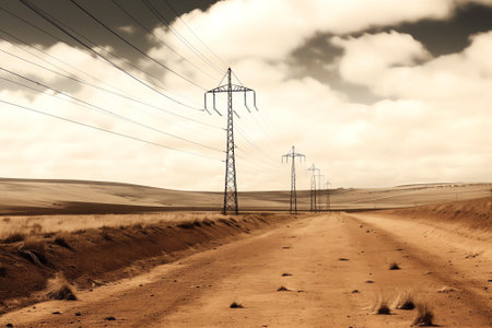 Abandoned Gravel Road Through Rural Landscape With Electricity Pylons And Wires In Hungaryの素材
