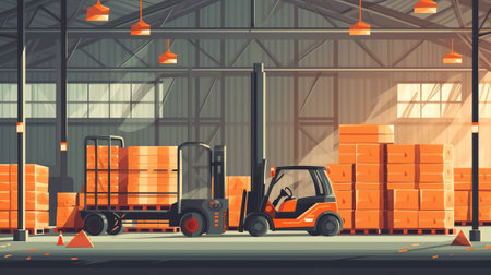 Warehouse premises of a factory or workshop with metal shelves.の素材