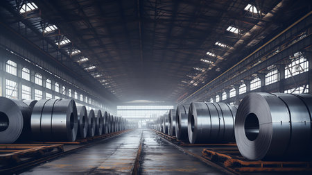 3d rendering of roll steel, stainless steel or galvanized steel coil inside factory, store or warehouse building. Industrial product manufacturing or production from hot cold proceの素材
