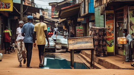 Accra. Ghana - September 17, 2013: Urban view of a street with the old houses in developing countries of West Africa.の素材