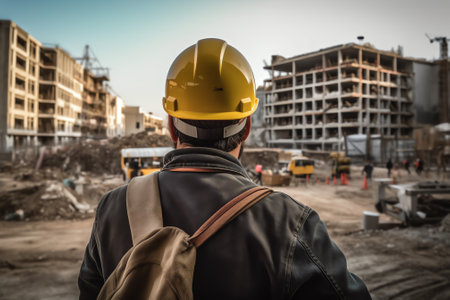 BELGRADE, SERBIA - NOVEMBER 18, 2020: Worker with empty builders skip at construction site. Abstract: Rubble Removal.の素材