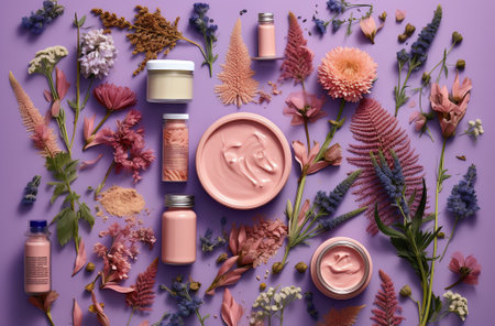 Lavender plant-based beauty care products line. Facial cream in jar, essential oil bottle, craft paper label, dried purple flowers twigs.の素材