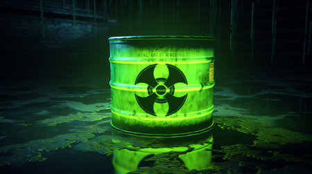 Old chemical barrels. Blue and green oil drum. Empty steel oil tank. Toxic waste warehouse. Hazard chemical barrel. Industrial waste in drum container. Hazard waste storage in factの素材