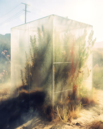 Close-up of an old and broken plastic container warehouse with metal structure on a stony ground with grass in background, illuminated by sunlight, dry leaves inside, sunny day inの素材