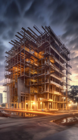 Structure of an abandoned building under construction, in a sunset with blue sky and a little cloudy.の素材