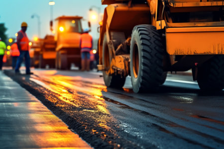 Laying a new asphalt on the road in Czech Republic. Construction of the road. Reconstruction of the road. Empty construction site.の素材