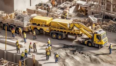 model railway with trucks and heavy machinery on a construction siteの素材