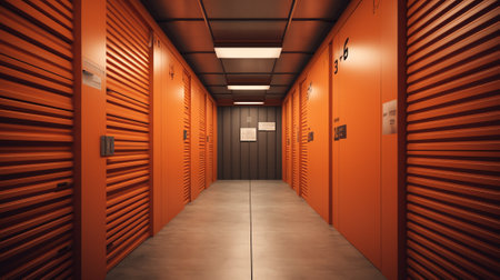 Rental storage room. Cargo trolley with boxes in warehouse. Storage room exterior with locks on doors. Storage company corridors without people. Warehouse for safekeeping. 3d rendeの素材
