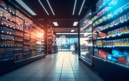 Food market interior. Blur corridor light background. Shop shelf. Stock cold goods. Refrigerator storage. Perspective grocery hall. Supermarket wallpaper. Copyspace. Milk productの素材