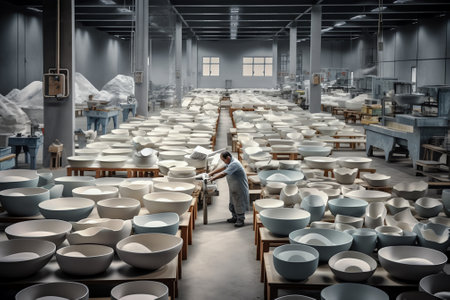 Kitchen pot manufacturing factory, production process of cooking supplies, production line inside industrial factory buildingの素材