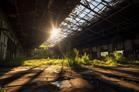 Close-up of an old and broken plastic container warehouse with metal structure on a stony ground with grass in background, illuminated by sunlight, dry leaves inside, sunny day inの素材