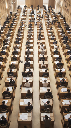 Empty chairs in the assembly hall are arranged in rows, top viewの素材