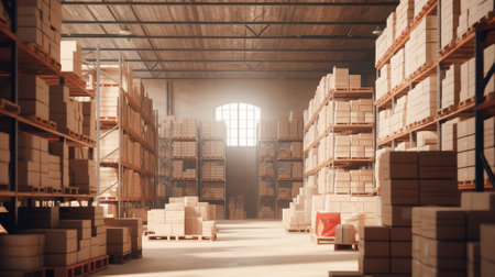 warehouse interior with shelves, pallets and boxesの素材