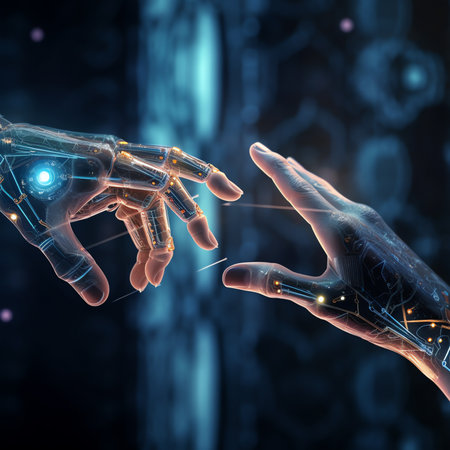 Generative AI : AI Machine learning Hands of robot and human touching on big data network connection background Science and artificial intelligence technology innovation and futuriの素材