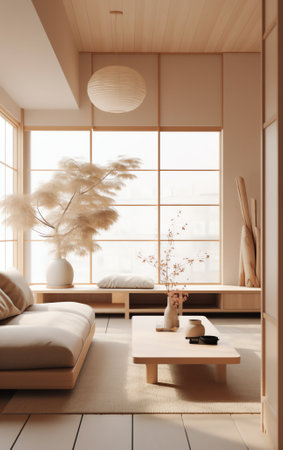 Generative AI : A cozy Home interior in warm beige tones in Japanese and Scandinavian Style Modern Scandinavian Living Room Interior Design Japandi Conceptの素材