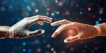 Generative AI : AI Machine learning Hands of robot and human touching on big data network connection background Science and artificial intelligence technology innovation and futuriの素材