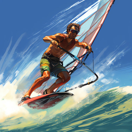 Generative AI : A pair of windsurfers in the sea on a sunny dayの素材