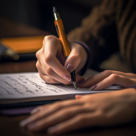 Generative AI : A close up isolated students hand holding a pen writing during class exam or lesson time at school Bright colors and second student blurred in the backgroundの素材