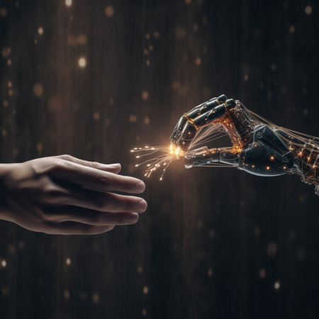 Generative AI : AI Machine learning Hands of robot and human touching on big data network connection background Science and artificial intelligence technology innovation and futuriの素材