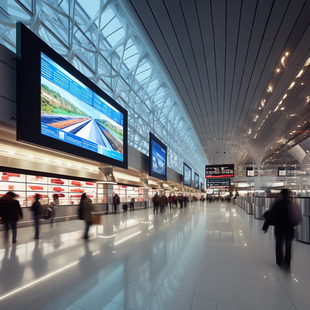 Generative AI : A baggage claim area in a hall of a contemporary airport arrival zone with luggage conveyor belt and a mockup of a long white empty advertising or information billbの素材