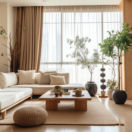 Generative AI : A cozy Home interior in warm beige tones in Japanese and Scandinavian Style Modern Scandinavian Living Room Interior Design Japandi Conceptの素材