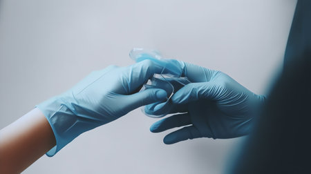 Generative AI : A dermatologist wearing gloves examines the skin of a sick patient Examination and diagnosis of skin diseasesallergies psoriasis eczema dermatitisの素材