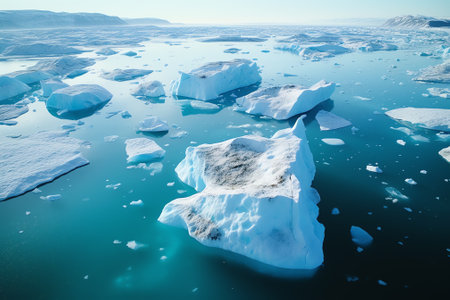 Generative AI : A wide low angle view of melting sea ice floes in still waters of Northern Arctic with iceberg and glacial wall in backgroundClimate Crisis and BreakdownClimate emeの素材