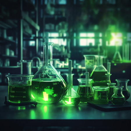 Generative AI : A woman scientist experimenting with a green fluorescent solution in a glass round bottom flask in dark chemistry laboratory for health care medicine development Coの素材