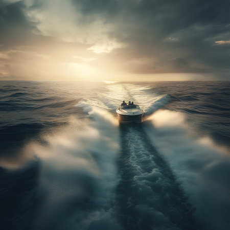 Generative AI : A small pilot boat sails on the sea Texture of blue water in the sea on the sunsetの素材