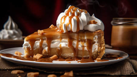 Generative AI : A slice of decadent brown cheesecake topped with a generous layer of creamy white frosting and caramel sauce drizzles for a delightful finishの素材
