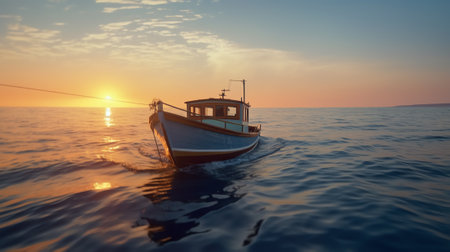 Generative AI : A small pilot boat sails on the sea Texture of blue water in the sea on the sunsetの素材