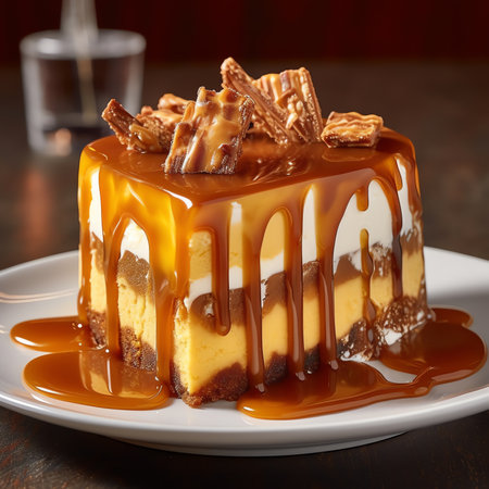 Generative AI : A slice of decadent brown cheesecake topped with a generous layer of creamy white frosting and caramel sauce drizzles for a delightful finishの素材