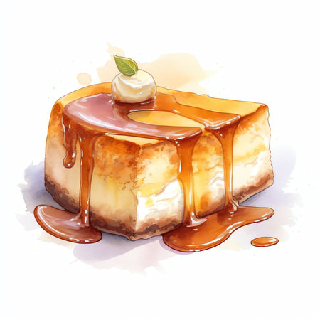 Generative AI : A slice of decadent brown cheesecake topped with a generous layer of creamy white frosting and caramel sauce drizzles for a delightful finishの素材
