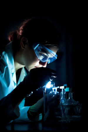 Generative AI : A woman scientist experimenting with a green fluorescent solution in a glass round bottom flask in dark chemistry laboratory for health care medicine development Coの素材