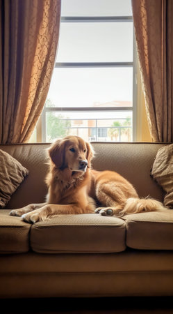 Generative AI : Adorable Golden Retriever dog on sofa in living roomの素材