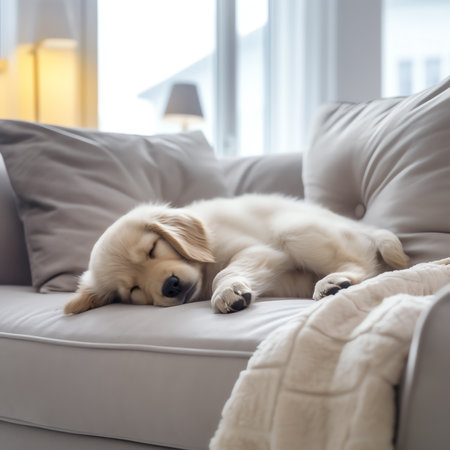Generative AI : Adorable Golden Retriever dog on sofa in living roomの素材