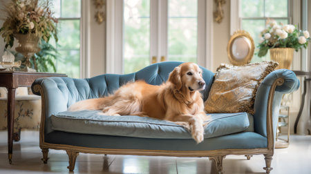 Generative AI : Adorable Golden Retriever dog on sofa in living roomの素材