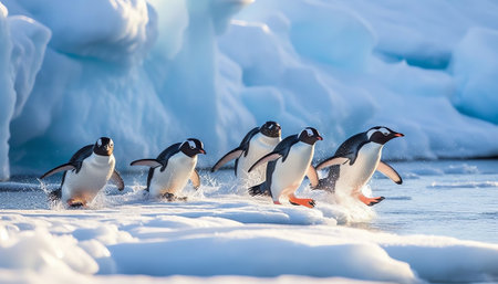 Generative AI : Adelie penguins walk on pack ice in active sound near the weddell sea in antarcticaの素材