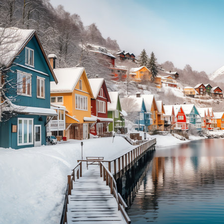Generative AI : Aerial view of residential houses along the Hallstatter See lake in winter Hallstatt Upper Austria Austriaの素材