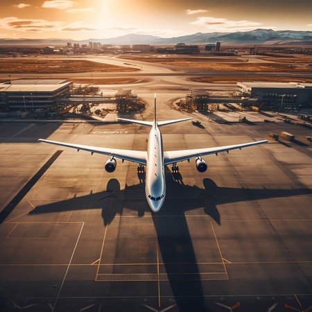 Generative AI : Airplane near the terminal in an airport at the sunsetの素材