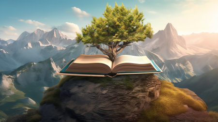 Generative AI : Alpine mountain valley in a light of sunrise on the pages of an open magical book Majestic landscape Nature conceptの素材