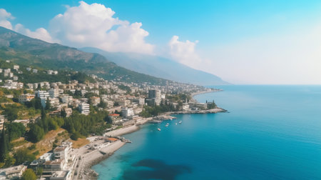 Generative AI : Aerial view of scenic and popular Konyaalti beach in Antalya resort town Majestic mountains with haze in the background Vacation and holiday in Turkiyeの素材