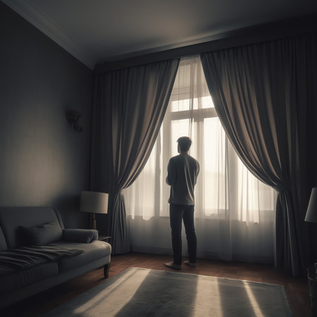 Generative AI : Alone man silhouette staring at the window closed with curtains in bedroom Man stands at window aloneの素材
