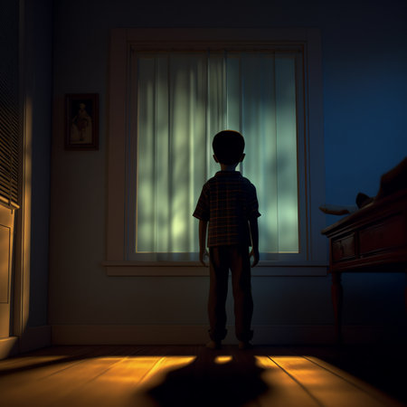 Generative AI : Alone man silhouette staring at the window closed with curtains in bedroom Man stands at window aloneの素材