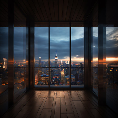 Generative AI : Amazing panorama view of New York city skyline and skyscraper at sunset Beautiful night view in Midtown Manhattonの素材