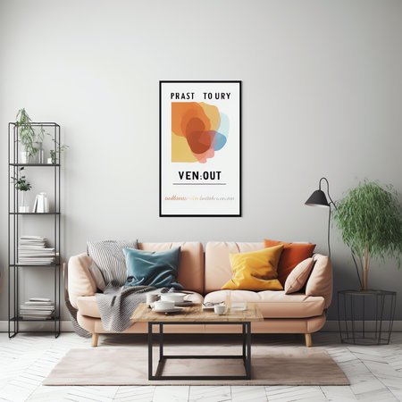 Generative AI : Aesthetic composition of living room interior with mock up poster frame modular sofa wooden coffee table vase with dried flowers pillows armchair and personal accesの素材