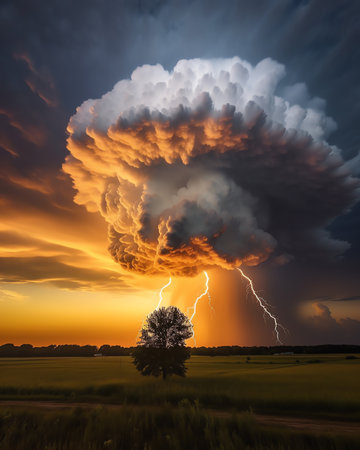 Generative AI : An impressive natural picture of a thundercloud with thunderbolts over a wide fieldの素材